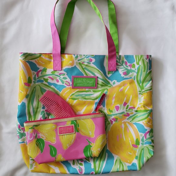 **SOLD**Estee Lauder Lilly Pulitzer Lemon Print Canvas Beach Bag,Cosmetics~NEW - Picture 2 of 5